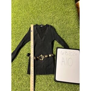 Tracy M Womens Black Ribbed V-Neck Tunic Sweater Studded‎ Belt Y2K 90s Large